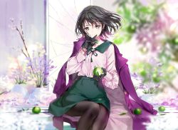 1girl bench black_eyes black_gloves black_hair black_pantyhose black_ribbon blurry blurry_background bracelet closed_mouth coat coat_on_shoulders collared_shirt commentary day depth_of_field flower food fruit gloves grey_skirt highres holding holding_food holding_fruit jewelry lime_(fruit) long_sleeves looking_at_viewer miniskirt mole mole_under_eye neck_ribbon original outdoors pantyhose park_bench pencil_skirt pink_shirt purple_coat red_background ribbon shirt short_hair sitting skirt smile solo tiv wind