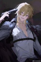 1boy :d alternate_costume aventurine_(honkai:_star_rail) bazhua black_jacket black_pants blonde_hair blue_eyes building chest_harness chinese_commentary collared_shirt earrings fangs finger_on_trigger gun gun_to_head hair_between_eyes half-closed_eye handgun harness highres holding holding_gun holding_weapon holster honkai:_star_rail honkai_(series) jacket jacket_on_shoulders jewelry long_sleeves looking_at_viewer male_focus mullet multicolored_eyes neck_tattoo night open_collar open_mouth outdoors pants pink_eyes shirt short_hair shoulder_holster single_earring smile solo tattoo teeth upper_body upper_teeth_only watermark weapon weibo_watermark white_shirt