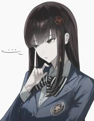 Rule 34 | ..., 1girl, black hair, blue jacket, bow, bowtie, closed mouth, collared shirt, green eyes, grey background, hair ornament, highres, jacket, k1kiwa, kosei high school uniform, long hair, long sleeves, persona, persona 5, school uniform, shirt, simple background, solo, striped bow, striped bowtie, striped clothes, tougou hifumi, white shirt