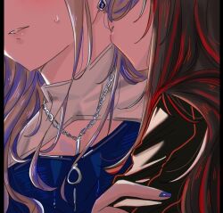 Rule 34 | 2girls, azusawa kohane, black hair, blue nails, brown hair, fingernails, hashtag-only commentary, high collar, jewelry, kiss, kissing neck, multicolored hair, multiple girls, nail polish, necklace, official alternate costume, official alternate hairstyle, parted lips, project sekai, red hair, shiraishi an, two-tone hair, whip the wimp girl!! (project sekai), yuri, yuri (chanerayuri)