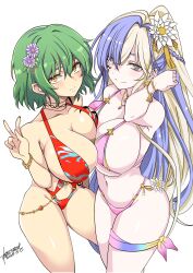 2girls :| absurdres adjusting_hair aoi_manabu asymmetrical_docking bikini blonde_hair blue_hair bracelet breast_press breast_tattoo breasts choker cleavage closed_mouth commission commissioner_upload eye_tattoo facial_tattoo flower from_above green_hair grey_eyes hair_flower hair_ornament highres hikage_(senran_kagura) hip_tattoo jewelry large_breasts light_blush long_hair looking_at_viewer medium_hair multicolored_hair multiple_girls navel necklace non-web_source official_alternate_costume official_alternate_hairstyle pink_bikini ponytail red_slingshot_swimsuit senran_kagura senran_kagura_new_link signature skeb_commission slingshot_swimsuit slit_pupils smile snake_print snake_tattoo squishing suiren_(senran_kagura) swimsuit tattoo thigh_strap v very_long_hair white_background white_eyes white_lily yellow_eyes