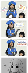 2girls 4koma absurdres aged_down ahoge alternate_hair_length alternate_hairstyle ana_(overwatch) bad_id bad_pixiv_id beret black_eyes black_hair brown_eyes captain_amari child comic dark-skinned_female dark_skin english_text eye_of_horus facial_tattoo hat highres huge_ahoge long_hair military military_uniform mother_and_daughter multiple_girls overwatch overwatch_1 pharah_(overwatch) short_hair smile supershrimpcakes tattoo watermark web_address