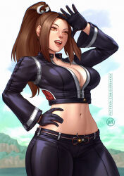 Rule 34 | 1girl, black gloves, black jacket, black pants, breasts, brown eyes, brown hair, cleavage, cropped jacket, fatal fury, fatal fury: city of the wolves, gloves, hand on own hip, highres, jacket, large breasts, leather, leather pants, midriff, navel, no bra, official alternate costume, open mouth, pants, partially unzipped, shiranui mai, smile, solo, stomach, suddakka, teeth, toned, upper teeth only, zipper