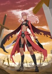 19_chisinlo 1girl absurdres armor black_boots black_panties boots breastplate breasts bridal_gauntlets cape chloe_von_einzbern chloe_von_einzbern_(archer_install) dark-skinned_female dark_skin dual_wielding fate/kaleid_liner_prisma_illya fate_(series) full_body gradient_sky hair_between_eyes half_updo highres holding kanshou_&amp;_bakuya_(fate) knee_boots long_hair long_sleeves looking_at_viewer navel orange_eyes orange_sky panties pink_hair red_cape revision showgirl_skirt shrug_(clothing) sidelocks sky small_breasts solo stomach_tattoo sword tattoo twilight underwear unlimited_blade_works_(reality_marble) waist_cape weapon