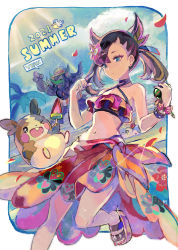1girl 2021 asymmetrical_bangs blue_eyes bracelet closed_mouth cloud commentary_request creatures_(company) criss-cross_halter day dusk_ball earrings eyelashes flower food game_freak gen_3_pokemon gen_7_pokemon gen_8_pokemon grimmsnarl hair_flower hair_ornament halterneck hands_up highres holding holding_poke_ball holding_stick jewelry kantarou_(8kan) leg_up marnie_(pokemon) marnie_(summer_2021)_(pokemon) morpeko morpeko_(full) nail_polish navel nintendo official_alternate_costume outdoors palm_tree pelipper petals poke_ball pokemon pokemon_(creature) pokemon_masters_ex popsicle red_flower red_nails red_sarong sandals sandygast sarong sky stick summer toenail_polish toenails tree watermelon_bar