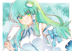 Rule 34 | 1girl, :d, bare shoulders, blue bow, bow, breasts, collared shirt, detached sleeves, frog hair ornament, gohei, green eyes, green hair, hair ornament, hair tubes, highres, holding, holding gohei, kochiya sanae, long hair, long sleeves, looking at viewer, medium breasts, open mouth, rinka (qqqrinkappp), shirt, single hair tube, sleeveless, sleeveless shirt, smile, snake hair ornament, solo, touhou, traditional media, upper body, white shirt, white sleeves