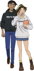 1boy 1girl :d arm_at_side black_hair black_hoodie blue_pants blue_skirt book brown_hair brown_shoes full_body green_eyes hand_in_pocket hand_up hattori_heiji high_ponytail highres holding holding_book hood hood_down hoodie long_sleeves looking_at_viewer meitantei_conan miniskirt official_art open_mouth pants pencil_skirt ponytail print_hoodie shirt shoes short_hair simple_background skirt smile socks straight-on tooyama_kazuha transparent_background white_hoodie yellow_shirt yellow_socks