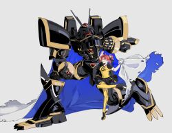 Rule 34 | 1girl, absurdres, aiba ami, alphamon, armor, black armor, black helmet, black shirt, black skirt, blue cape, cape, closed eyes, dawu233, digimon, digimon (creature), digimon story: cyber sleuth, forehead jewel, full body, goggles, goggles on head, grey background, helmet, highres, knight, miniskirt, open mouth, pleated skirt, print shirt, red hair, shirt, side ponytail, simple background, skirt, smile, thighhighs, two-sided cape, two-sided fabric, two-tone shirt, white cape, yellow shirt, yellow thighhighs