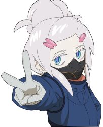 1girl black_mask blue_eyes commentary_request deux_murasame freckles gloves grey_hair gundam gundam_gquuuuuux highres long_hair looking_at_viewer mask mecha_pilot_suit mouth_mask normal_suit_(gundam) solo updo upper_body v yy_shibata