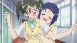 &gt;_&lt; 2girls animated animated_gif anime_screenshot blue_hair blush breasts brown_hair closed_eyes glasses grabbing_another&#039;s_breast green_hair groping hair_ornament hairclip indoors interior multiple_girls sairenji_haruna sawada_mio school_uniform short_hair small_breasts standing to_love-ru twintails upper_body