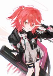 Rule 34 | 1girl, arknights, commentary, exusiai (arknights), exusiai the new covenant (arknights), hair between eyes, halo, highres, holding, holding weapon, layered sleeves, looking at viewer, otiyo, red hair, short hair, side ponytail, simple background, solo, symbol-only commentary, thigh strap, thighhighs, upper body, v, weapon
