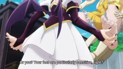 2girls ahoge animated anime_screenshot armpits arms_up barefoot bat_wings blonde_hair blush bow breasts closed_eyes corset drooling feet frilled_skirt frills grin hiiragi_utena horns magia_baiser magia_sulfur magical_girl mahou_shoujo_ni_akogarete mannequin multiple_girls open_mouth outdoors purple_hair restrained ribbon shaded_face skirt small_breasts smile tagme teeth tenkawa_kaoruko tickling tickling_feet torn_clothes video wings yuri