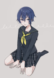 1girl black_sailor_collar black_shirt black_skirt black_socks blue_eyes blue_hair blush closed_mouth commentary_request grey_background hair_between_eyes highres konpekisan lips long_sleeves neckerchief no_shoes official_alternate_costume persona persona_4 pink_lips pleated_skirt sailor_collar school_uniform shirogane_naoto shirt short_hair simple_background sitting skirt socks solo sweatdrop wariza yasogami_school_uniform yellow_neckerchief