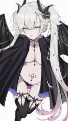 1girl absurdres black_cloak black_panties black_thighhighs body_markings breasts candy cloak crossed_bangs demon_girl demon_horns demon_wings ear_piercing fate/grand_order fate_(series) food green_eyes grey_hair hair_between_eyes highres horns large_breasts lilith_(fate) lollipop long_hair looking_at_viewer mati5572 navel panties piercing pointy_ears solo stomach_tattoo tattoo thighhighs thighs twintails underwear very_long_hair wings