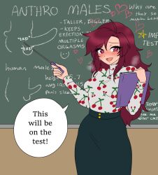 Rule 34 | 1girl, blush, book, chalkboard, english text, heart, heart-shaped pupils, highres, looking at viewer, notsafeforwee, open mouth, penis size difference, red hair, sex ed, smile, solo, speech bubble, standing, sweat, symbol-shaped pupils, teacher