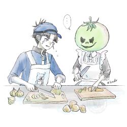 1boy 1girl absurdres apron black_dress black_hair blue_hair blue_shirt carrot closed_eyes crying cutting cutting_board dress highres holding holding_knife knife long_sleeves maid maid_apron maruko_gaku mask mask_on_head onion oosuzuki_kurara potato shirt simple_background tears the_hundred_line_-last_defense_academy- white_background