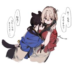 2girls animal_ears apron arms_around_waist black_hair blonde_hair blue_kimono blush corded_phone dog_ears dog_girl dog_tail hair_ribbon hand_on_another&#039;s_waist highres hug inoue_takina japanese_clothes kemonomimi_mode kimono lycoris_recoil multiple_girls nishikigi_chisato one_side_up open_mouth phone red_eyes red_kimono red_ribbon ribbon shioneko114 simple_background speech_bubble sweat tail talking_on_phone translation_request twintails waist_apron white_background yuri