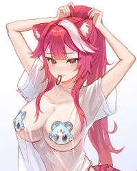 1girl absurdres adjusting_hair animal_ears arms_up artist_name blush breasts character_pasties character_sticker chattino_(raora_panthera) cleavage collarbone commentary fang gradient_background hair_intakes hair_tie_in_mouth highres hololive hololive_english large_breasts long_hair mouth_hold multicolored_hair panther_ears panther_girl panther_tail pasties pink_hair pink_lips raora_panthera see-through_clothes see-through_shirt shirt short_sleeves skin_fang solo streaked_hair tail tinnnkie twitter_username two-tone_hair virtual_youtuber white_background white_shirt yellow_eyes