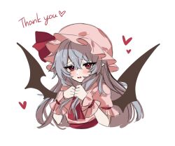 1girl alternate_hair_length alternate_hairstyle ascot bad_id bad_pixiv_id bat_wings crossed_bangs embarrassed frilled_cuffs frilled_hat frilled_sleeves frills furrowed_brow hair_between_eyes hands_up hat hat_ribbon highres hua88331 long_hair mob_cap parted_lips pink_shirt pointy_ears puffy_short_sleeves puffy_sleeves purple_hair red_ascot red_eyes remilia_scarlet ribbon shirt short_sleeves simple_background solo touhou very_long_hair white_background wings wrist_cuffs