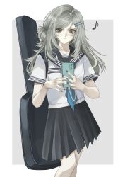 1girl absurdres alternate_costume alternate_hair_length alternate_hairstyle black_nails black_sailor_collar black_skirt blue_neckerchief border breast_pocket cellphone closed_mouth earphones eighth_note facing_viewer feet_out_of_frame grey_background grey_eyes guitar_case hair_bun hair_ornament hairclip highres holding holding_phone instrument_case instrument_case_on_back kk_kekong long_hair looking_at_phone looking_down miniskirt musical_note neckerchief outside_border phone pleated_skirt pocket reverse:1999 sailor_collar school_uniform serafuku shirt short_sleeves single_side_bun skirt smartphone solo vertin_(reverse:1999) white_border white_shirt