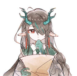 1girl alternate_costume aqua_hair arknights black_hair chinese_commentary closed_mouth colored_extremities commentary_request dragon_girl dragon_horns dusk_(arknights) earrings hair_over_one_eye hand_on_own_chin holding horns jewelry jianbing_guozi long_hair looking_down multicolored_hair one_eye_covered paper_texture pointy_ears reading red_eyes solo streaked_hair upper_body