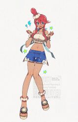 Rule 34 | 1girl, :d, bare shoulders, blue eyes, blue shorts, blush, commentary, crop top, full body, hair between eyes, hands up, highres, kawasaki (kwsk 8765), long hair, looking at viewer, midriff, navel, nintendo, open mouth, pokemon, pokemon bw, red hair, sandals, short sleeves, shorts, simple background, skyla (pokemon), smile, solo, standing, star (symbol), watermark, white background, yellow sandals