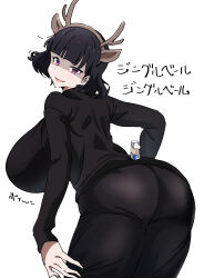 1girl absurdres ass ass_focus bandaid bandaid_on_object bending black_hair black_shirt black_skirt black_sweater blunt_bangs breasts eraser fake_antlers goumonsha highres huge_breasts kurokirishima_yui_(goumonsha) long_skirt long_sleeves looking_at_viewer original purple_eyes shirt short_hair skirt solo sweater