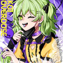 1girl :d =_hair_ornament adapted_costume alternate_costume belt black_ribbon black_sleeves black_surgical_mask black_trim blush buttons center_frills clothing_cutout collar detached_sleeves diamond_button earrings eyeball flower flower_earrings frilled_shirt frills green_eyes green_hair heart_cutout jewelry komeiji_koishi long_sleeves mask mask_pull monster_energy mouth_mask one_eye_closed one_side_up open_mouth piercing puffy_short_sleeves puffy_sleeves purple_belt purple_collar purple_flower purple_rose ribbon rose shirt short_sleeves shoulder_belt smile solo surgical_mask takki_(takkiko) third_eye thorns tongue_piercing touhou touhou_hero_of_ice_fairy yellow_shirt
