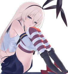1girl anchor_hair_ornament black_hairband black_neckerchief black_panties blonde_hair blue_sailor_collar blue_skirt chestnut_mouth commentary crop_top elbow_gloves from_side full_body gloves grey_eyes hair_ornament hairband highleg highleg_panties highres hugging_own_legs kantai_collection legs long_hair looking_at_viewer microskirt miniskirt neckerchief panties pleated_skirt rudder_footwear sailor_collar shikuro_(iorimiyakiyo) shimakaze_(kancolle) shirt simple_background skirt sleeveless sleeveless_shirt solo striped_clothes striped_thighhighs thighhighs thighs underwear white_background white_gloves zettai_ryouiki
