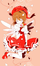 1990s_(style) 1girl bad_id bad_pixiv_id brown_hair cardcaptor_sakura closed_eyes dress female_focus full_body fuuin_no_tsue gloves hat ichitaro kinomoto_sakura kinomoto_sakura_(magician) pink_hat retro_artstyle short_hair solo wand white_gloves wings