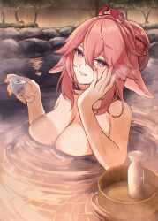 1girl absurdres animal_ears bottle breasts bucket choko_(cup) commentary_request cup fox_ears genshin_impact hair_bun hair_up hal_aluha highres large_breasts long_hair nude onsen outdoors parted_lips partially_submerged pink_hair pink_nails purple_eyes sake_bottle solo water wooden_bucket yae_miko