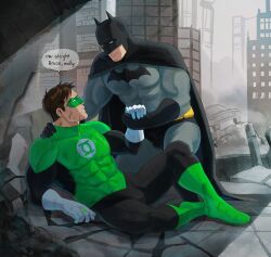 2boys absurdres bara batman batman_(series) black_bodysuit black_cape black_gloves bodysuit bruce_wayne cape closed_mouth day dc_comics domino_mask english_text gloves green_bodysuit green_lantern green_lantern_(series) grey_bodysuit hal_jordan haljordanmylove highres holding_hands injury jewelry large_pectorals looking_at_another male_focus mask multiple_boys muscular muscular_male outdoors pectorals ring superhero_costume two-tone_bodysuit white_gloves