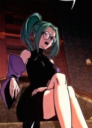 1girl academy_sashimi_sword_master glasses green_hair poison_medea red_eyes sitting