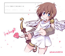 Rule 34 | 1boy, androgynous, angel, angel wings, arrow (projectile), blue eyes, bow (weapon), brown hair, heart, heart arrow, highres, holding, holding bow (weapon), holding weapon, kid icarus, kid icarus (nes), male focus, nintendo, pit (kid icarus), request inset, solo, twitter username, weapon, wings, zakichi0514