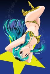 1girl animal_print arms_behind_head bikini blue_background boots collarbone commentary cone_horns flick_(sal23) full_body gradient_hair green_hair highres horns knee_boots long_hair looking_at_viewer lum multicolored_hair navel orange_eyes pointy_ears print_bikini print_boots sidelocks signature solo star_(symbol) swimsuit tiger_print upside-down urusei_yatsura