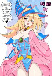 Rule 34 | 1girl, absurdres, bare shoulders, blonde hair, blue dress, blue hat, blue leotard, blush stickers, breasts, cape, cape grab, choker, cleavage, clothes grab, collarbone, conical hat, dark magician girl, dress, duel monster, eyelashes, gauntlets, gem, green eyes, green gemstone, hair between eyes, hat, head tilt, heart, highres, large breasts, laughing, leotard, long hair, looking at viewer, naughty face, nico-neko, off-shoulder dress, off-shoulder leotard, off shoulder, ojou-sama pose, open mouth, phrygian helmet, pink cape, pink skirt, red gemstone, showgirl skirt, skirt, smile, solo, teasing, teeth, upper teeth only, wizard hat, yu-gi-oh!