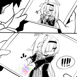 !!!! 1boy 1girl blue_archive blush fey_(whitepaper) index_finger_raised korean_text male_sensei_(blue_archive) monochrome plana_(blue_archive) sensei_(blue_archive) simple_background tablet_pc white_background