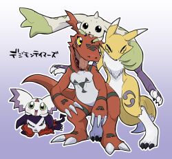 419_y_s black_sclera blue_eyes body_fur colored_sclera culumon digimon digimon_(creature) digimon_tamers green_eyes group_picture guilmon highres horns impmon kitsune lizard renamon single_horn terriermon translation_request yellow_eyes yellow_fur