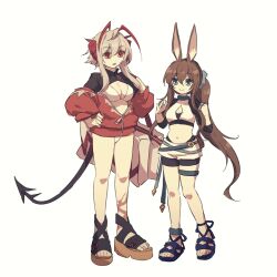 2girls amiya_(arknights) animal_ears antenna_hair arknights bikini black_sandals black_tail blue_sandals breasts brown_hair cleavage cleavage_cutout closed_mouth clothing_cutout commentary crop_top feet full_body grey_eyes grey_hair hair_between_eyes hand_on_own_hip hands_up jacket jewelry large_breasts lari_lab long_hair looking_at_another medium_breasts medium_hair midriff multiple_girls multiple_rings navel off_shoulder red_hair red_jacket ring sandals simple_background smile standing swimsuit tail w_(arknights) white_background white_bikini wis&#039;adel_(arknights) zipper_pull_tab
