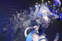 1girl absurdres age_progression animal_ear_fluff animal_ears animal_hood belt black_gloves black_leotard blue_eyes breasts cat_ears cat_girl cat_hood chinese_commentary cipher_(honkai:_star_rail) cleavage coin commentary_request fingerless_gloves gloves grey_hair highres holding holding_coin honkai:_star_rail honkai_(series) hood leotard qinglan1044 short_hair_with_long_locks spirithief_bartholos_(honkai:_star_rail) thigh_belt thigh_strap thighs