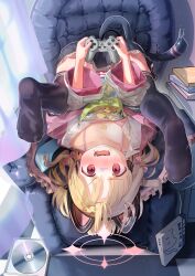 1girl absurdres black_thighhighs blonde_hair blue_archive blush cd chair chinese_commentary collarbone commentary_request controller full_body game_controller halo highres holding holding_controller holding_game_controller huge_filesize loli looking_at_viewer momoi_(blue_archive) on_chair open_mouth panties pink_eyes pink_halo playstation_controller qian_he_shui_cheng solo striped_clothes striped_panties thighhighs underwear upside-down