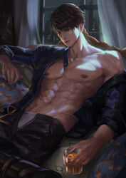 1boy abs absurdres alcohol black_jacket black_pants brown_eyes brown_hair caleb_(love_and_deepspace) cglas cup curtains earrings highres holding holding_cup indoors jacket jewelry looking_at_viewer love_and_deepspace navel nipples open_clothes open_jacket pants pectorals purple_eyes solo stud_earrings toned toned_male unzipped window