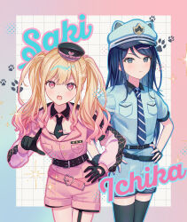 :o absurdres acchi_kocchi_shiikuin_taiken!_(project_sekai) adapted_costume animal_ear_headwear belt belt_buckle black_belt black_gloves black_necktie blonde_hair blue_eyes blue_hair blue_necktie blue_shirt blue_shorts blush border buckle character_name collared_shirt commentary_request cowboy_shot diagonal-striped_clothes diagonal-striped_necktie fake_animal_ears fingerless_gloves gloves gradient_border gradient_hair grid_background hand_on_own_hip hands_on_own_hips hat heart_belt_buckle highres hoshino_ichika_(project_sekai) jacket kotoha_shiki leaning_forward long_sidelocks looking_at_viewer mini_hat multicolored_hair multiple_belts necktie official_alternate_costume parted_bangs pink_belt pink_eyes pink_hair pink_jacket pink_shorts pointing pointing_at_viewer police police_uniform pout project_sekai shirt short_necktie shorts sidelocks striped_clothes tenma_saki twintails