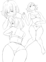 Rule 34 | 1girl, ass, back, barefoot, blush, bow, bow bra, bow panties, bra, breasts, cleavage, cowboy shot, from behind, full body, hand on own stomach, lineart, lying, medium breasts, monochrome, multiple views, navel, on back, original, panties, profile, ryuuta (msxtr), short hair, sweat, underwear, underwear only