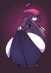 1girl ahoge ass bigdad bra breasts closed_mouth clothes_lift colored_skin covered_eyes cropped_legs curvy fingerless_gloves from_behind gazlene_membrane gloves hair_over_eyes huge_ass huge_breasts inconvenient_ass invader_zim leggings lifting_own_clothes looking_back pink_background pink_hair short_hair simple_background skindentation solo sweat underwear white_skin