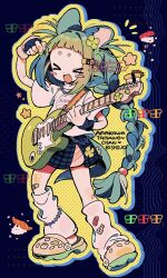 &gt;_&lt; 1girl :d amakawa_tamawo arm_up artist_name bandaid bandaid_on_knee bandaid_on_leg blue_skirt blunt_bangs blush_stickers braid crocs food full_body green_hair guitar highres holding holding_guitar holding_instrument instrument long_hair missing_commentary open_mouth original shirt shoes short_sleeves single_braid skirt smile socks solo standing sushi thick_eyebrows white_shirt white_socks xd yellow_shoes