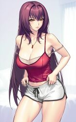 1girl bare_shoulders breasts camisole cleavage collarbone dolphin_shorts dynamitenatalia fate/grand_order fate_(series) highres jewelry large_breasts long_hair looking_at_viewer necklace pendant purple_hair red_camisole red_eyes scathach_(fate) short_shorts shorts solo thighs white_shorts