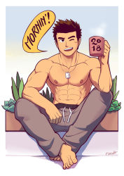 1boy 2018 abs anatomy artist_name bara biceps brown_eyes brown_hair crossed_legs cup elbow_on_knee facial_scar hand_on_leg highres jewelry male_focus mondoart muscular muscular_male necklace nipples one_eye_closed open_mouth original pants pectorals plant pot potted_plant scar scar_on_cheek scar_on_face sitting smile solo speech_bubble spiked_hair thick_eyebrows topless_male track_pants