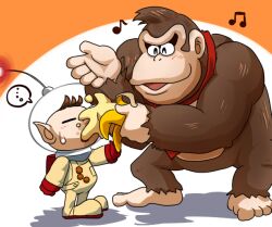 ... 1boy ^_^ animal ape backpack bag bandana big_nose brown_hair buttons clenched_hand closed_eyes clothed_animal commentary_request donkey_kong donkey_kong_(series) food fruit full_body gloves happy helmet holding holding_food holding_fruit light_blush looking_at_another musical_note necktie nintendo olimar open_mouth orange_background outstretched_arm pikmin_(series) radio_antenna red_bag red_gloves red_necktie shadow short_hair smile space_helmet spacesuit spoken_ellipsis standing super_smash_bros. sweatdrop two-tone_background very_short_hair white_background yamato_koara
