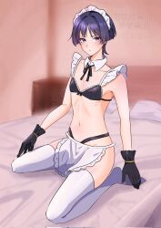 1boy alternate_costume apron arms_at_sides bed bikini black_bikini black_gloves black_ribbon blunt_ends blush bright_pupils closed_mouth collar collarbone colored_inner_hair crossdressing detached_collar drawer enmaided eyeliner eyeshadow frilled_apron frilled_bikini frilled_hairband frills genshin_impact gloves hair_intakes hairband highres looking_at_viewer maid maid_apron maid_bikini maid_day maid_headdress makeup male_focus male_maid multicolored_hair navel on_bed pectoral_cleavage pectorals pillow purinigax purple_eyes purple_hair red_eyeliner red_eyeshadow ribbon scaramouche_(genshin_impact) sitting solo swimsuit thighhighs thong_bikini twitter_username unconventional_maid waist_apron wariza watermark white_apron white_collar white_hairband white_pupils white_thighhighs